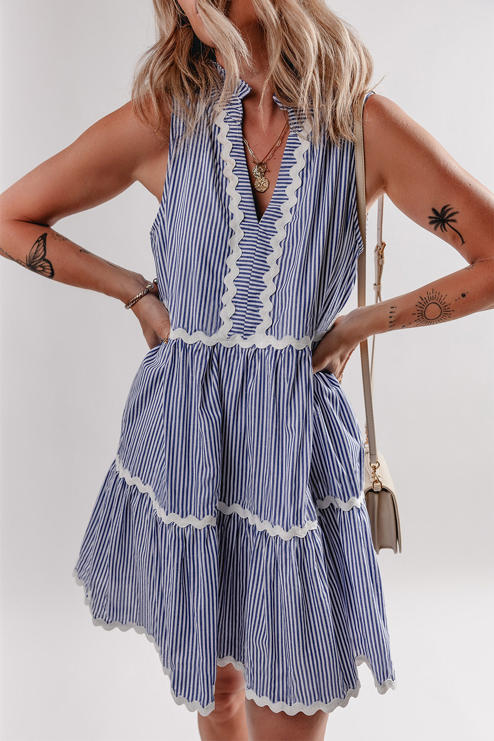 Blue Striped Sleeveless Mini Dress with Notched V Neck and Contrast Trim