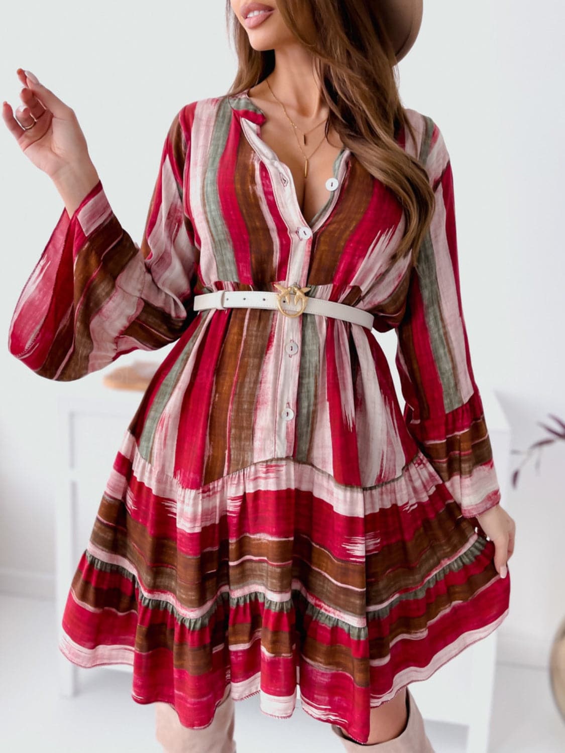 Chic button-up striped mini dress with long sleeves