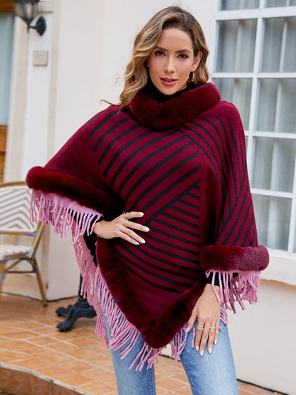 Striped Fringe Hem Poncho.