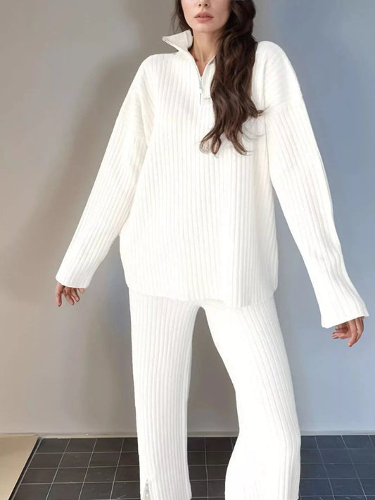 White Ribbed Knit Top And Pants Set Two Piece With Zip Front Simply Love