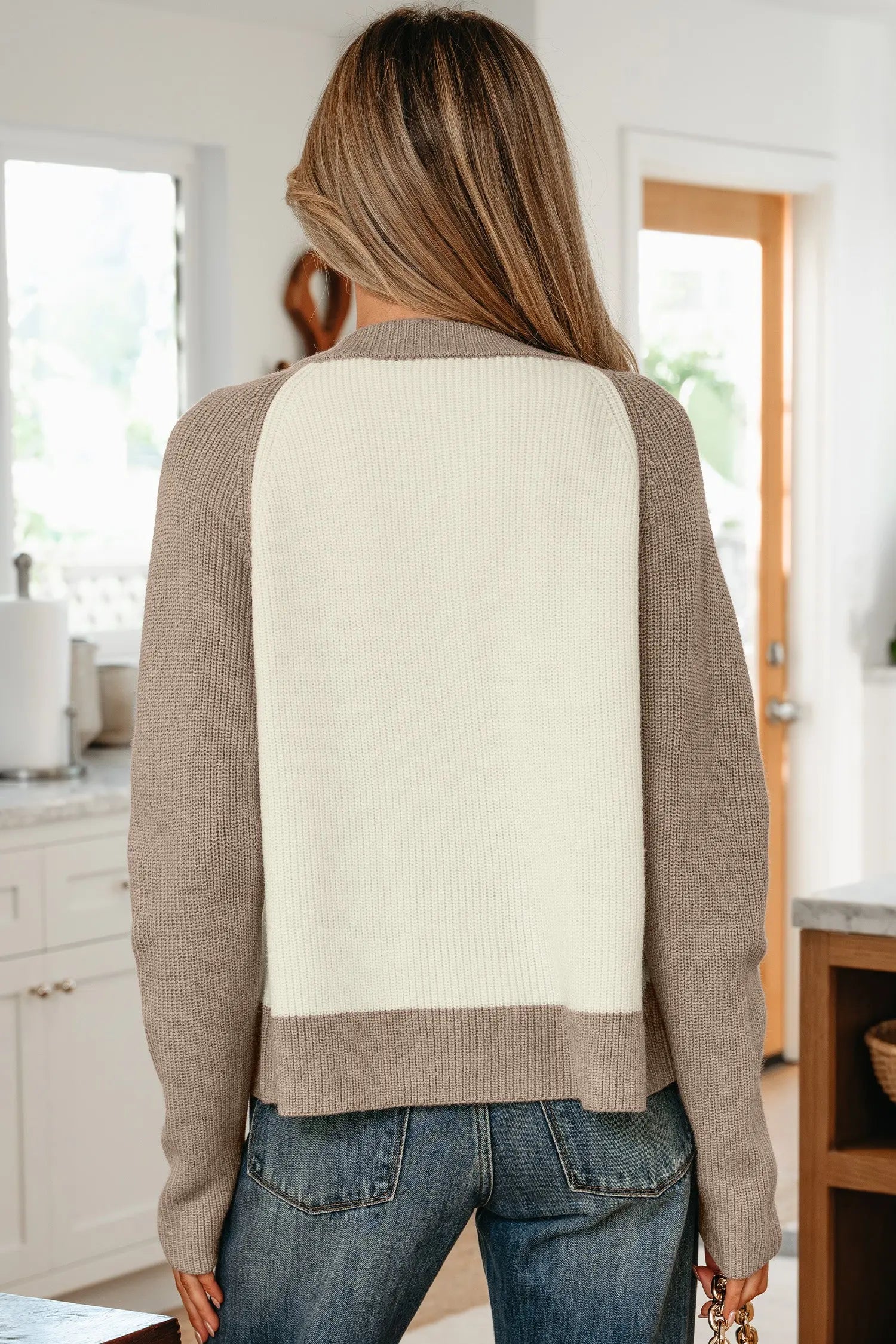 White Color Block Ribbed Knit Button Down Cardigan Sweater For Women Dear-Lover Dropshipping