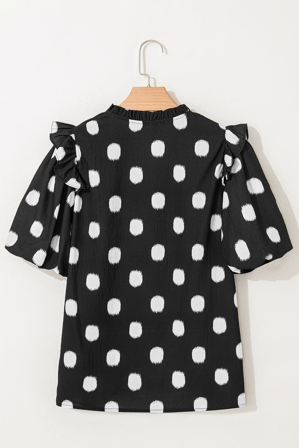 Black Polka Dot Print Smocked Notched Neck Balloon Sleeve Blouse Divine Design4U