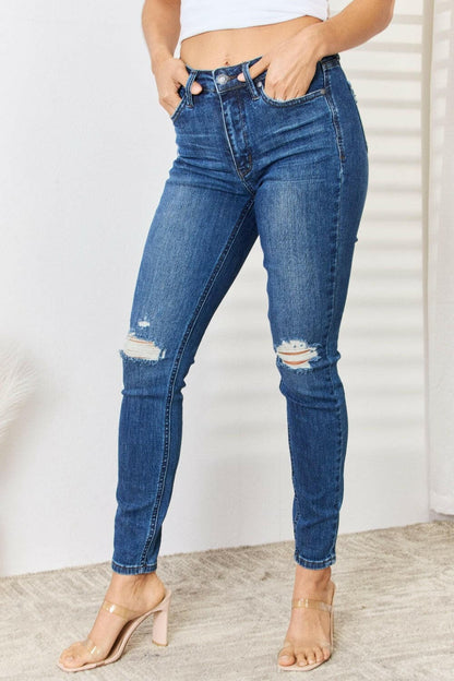 Judy Blue Full Size Mid Waist Distressed Slim Jeans.