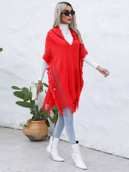 Fringe Trim Buttoned Hooded Poncho.