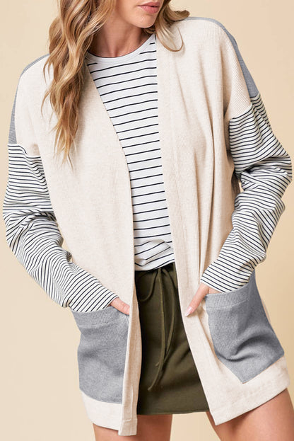 Colorblock striped open front cardigan with pockets in black, casual daily wear.