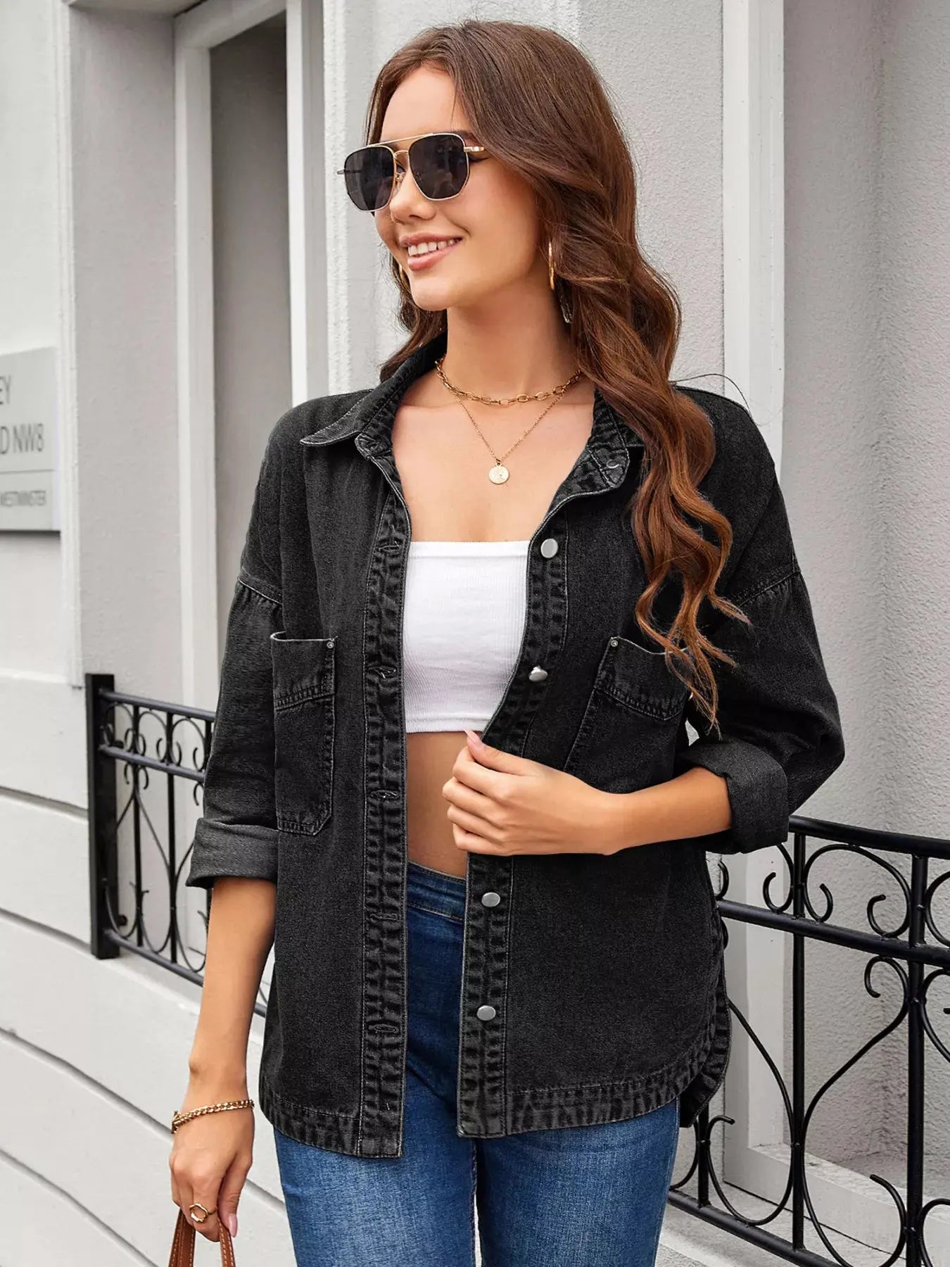 Light Wash Denim Button Front Shirt Long Sleeve With Pockets For Women Simply Love