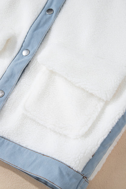 Chic white sherpa jacket with contrast trim and button closure