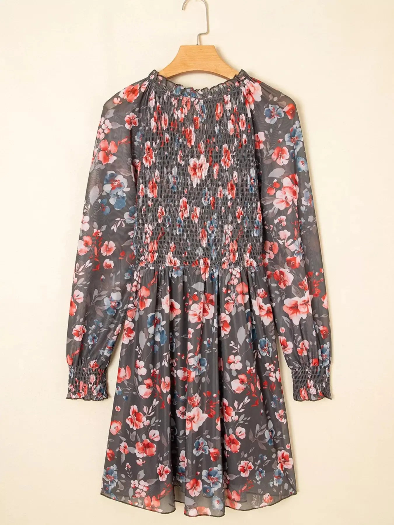Frilly Smocked Bodice Floral Mesh Long Sleeve Mini Dress Simply Love