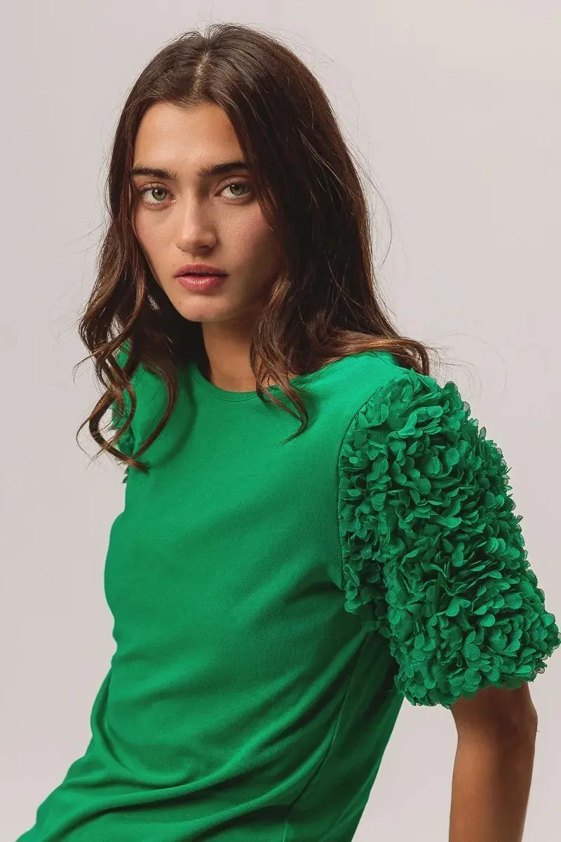 BiBi Short Mesh Flower Sleeve Knit Top - Love Salve 