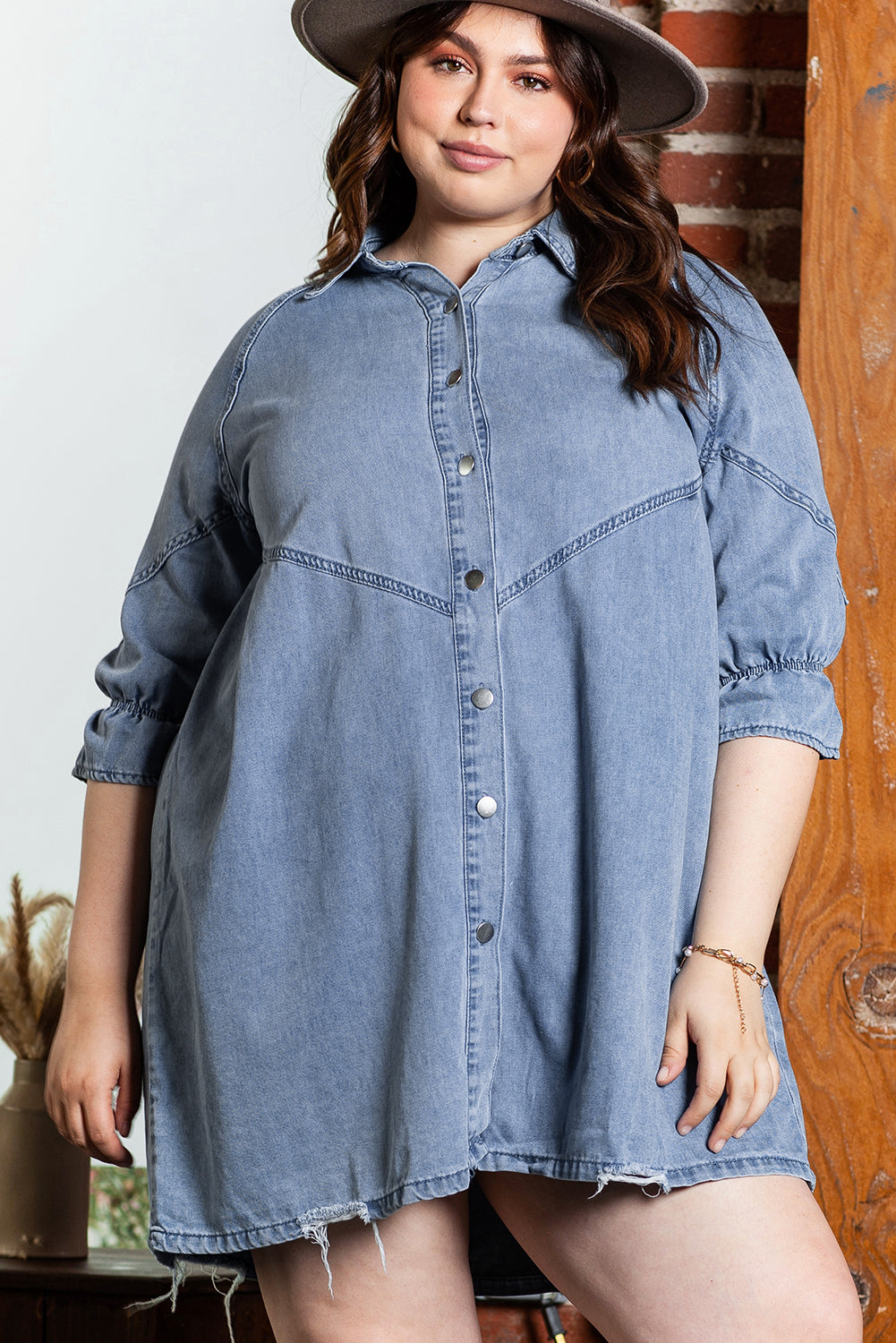 Light blue denim dress with ruffled sleeves and button front in plus sizes