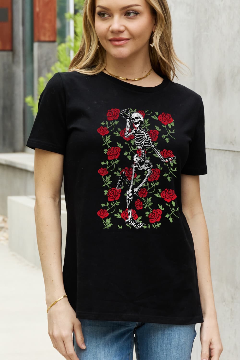 Skeleton rose cotton tee - casual style