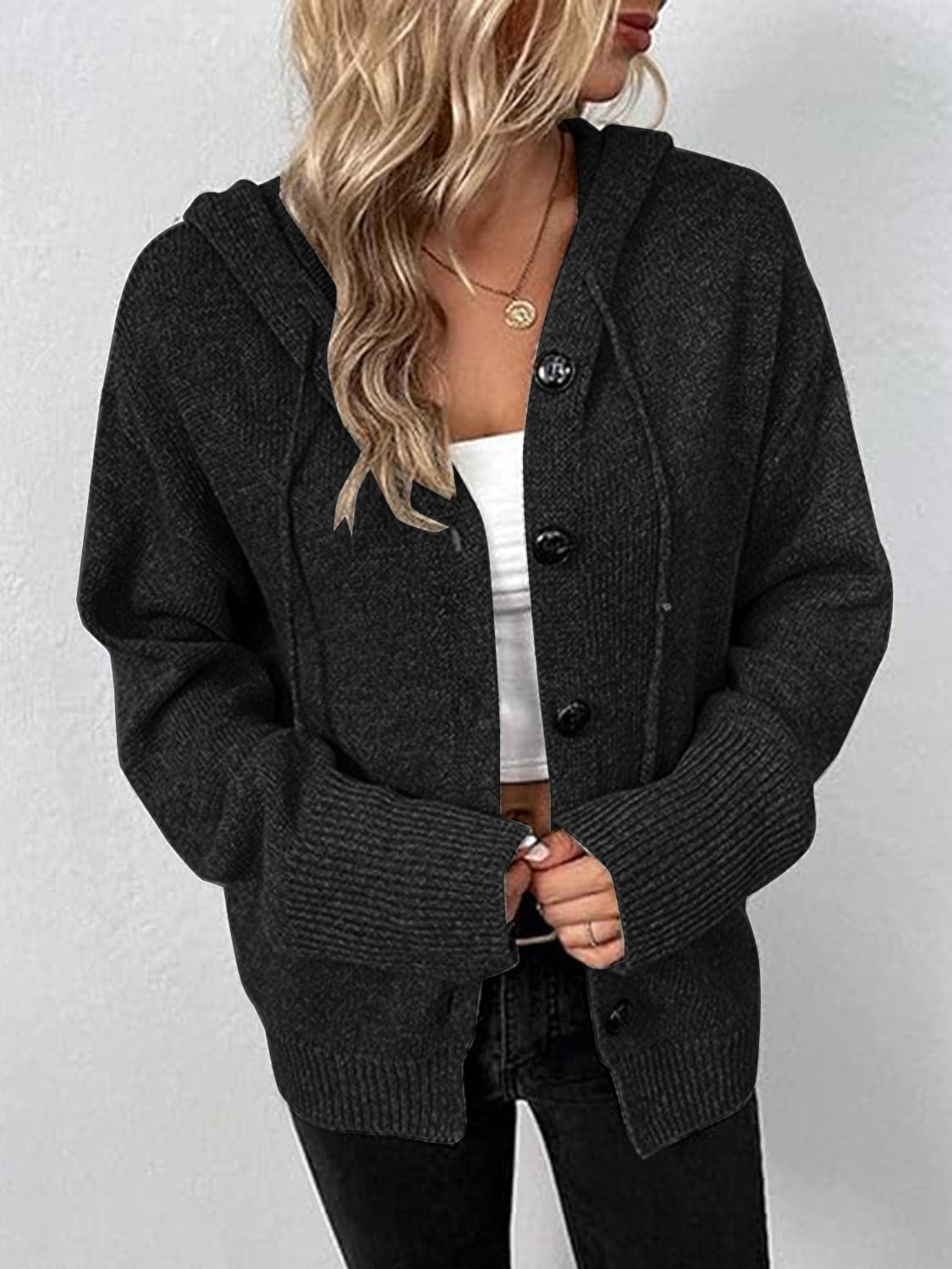 Button Up Drawstring Long Sleeve Hooded Cardigan.