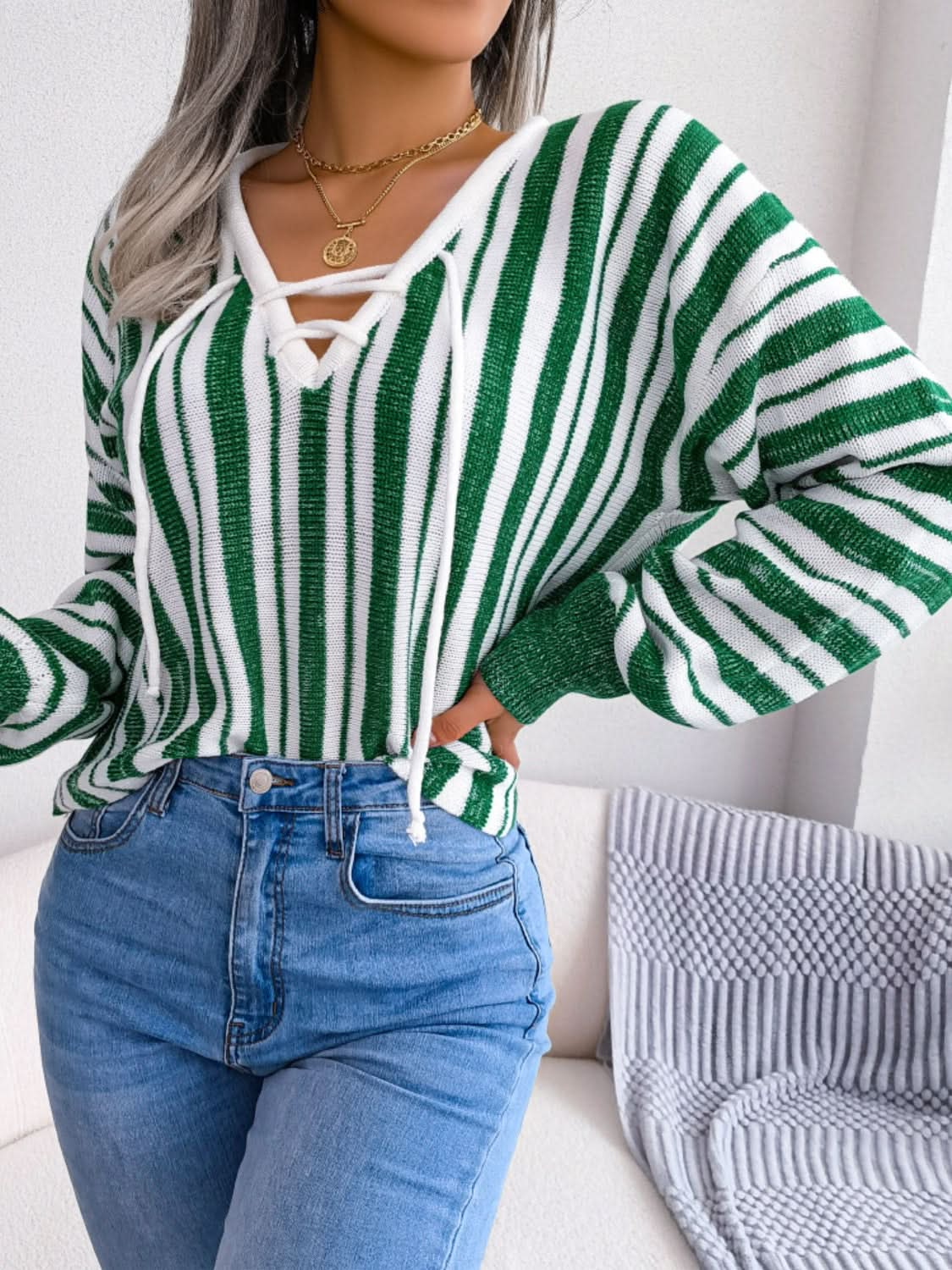 Lace-up striped long sleeve sweater