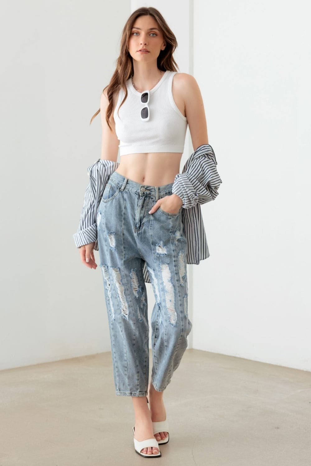 Litz La Washed Barrel Leg High Waist Distressed Jeans.