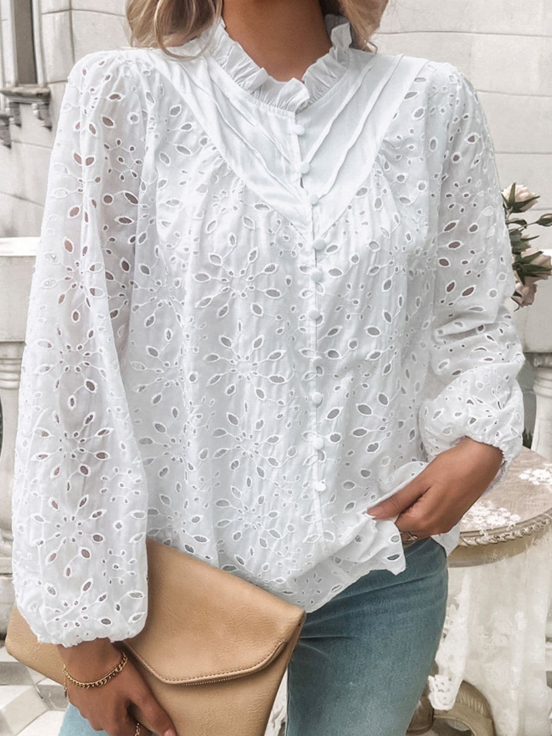 Frill Round Neck Long Sleeve Shirt.