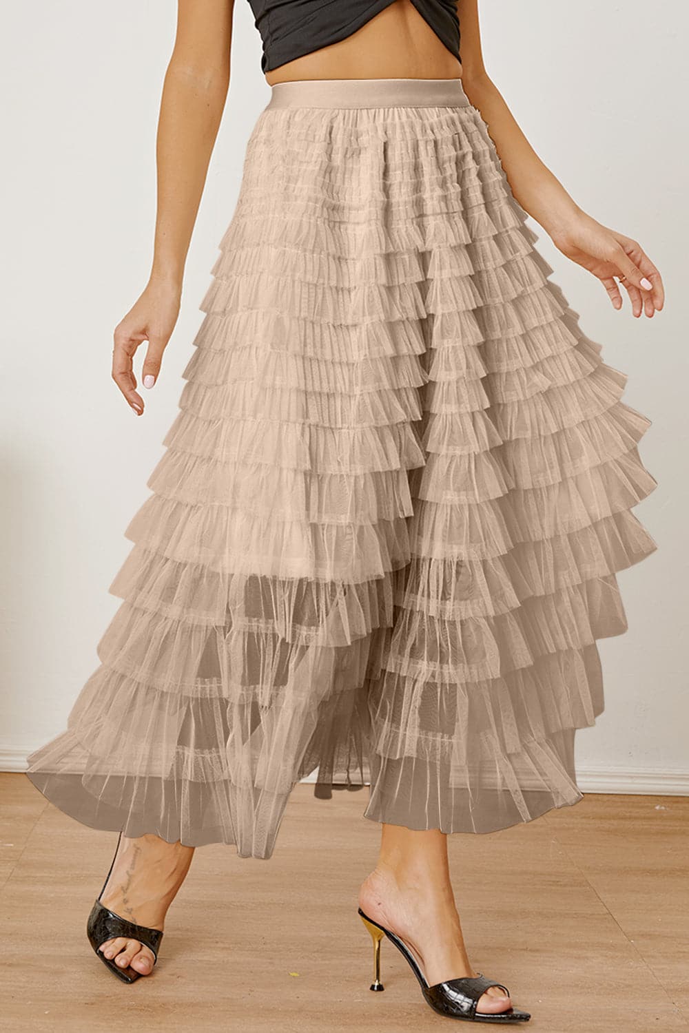 Ruched High Waist Tiered Skirt.