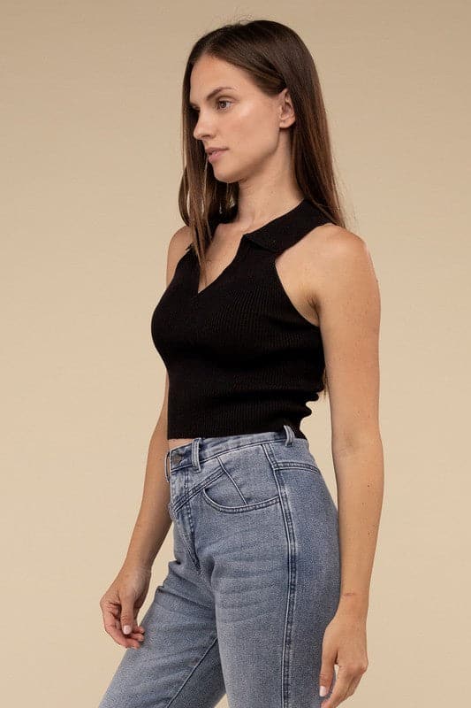 Sleeveless Collared Crop Knit Top.