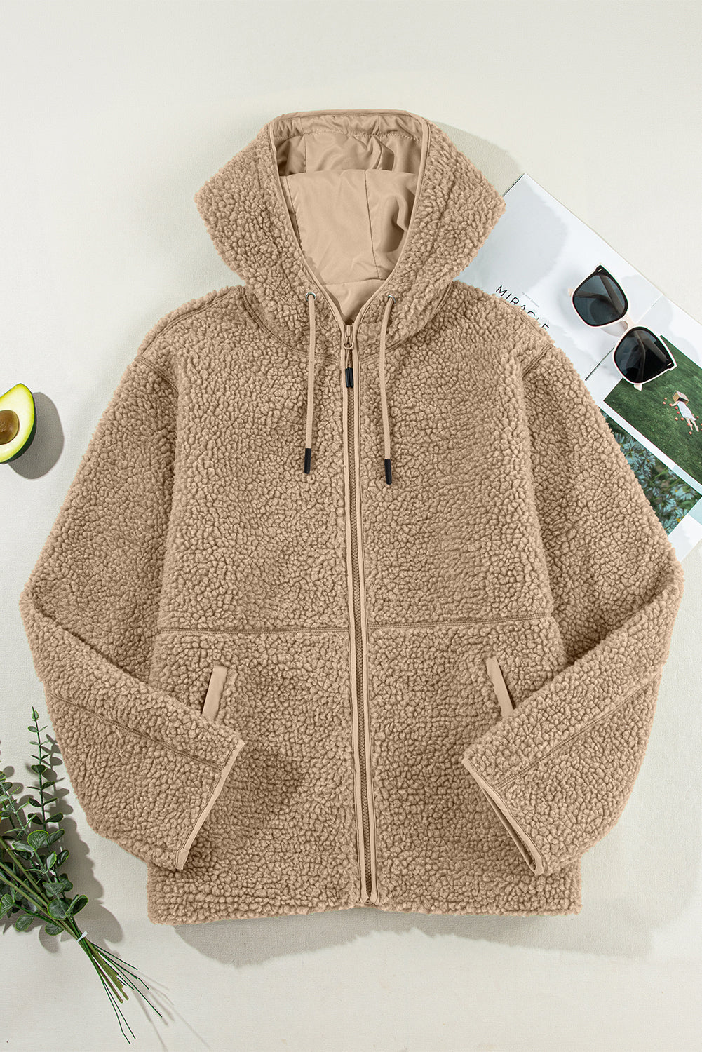 Side profile of the Love Salve Women's Hooded Fleece Jacket, emphasizing its relaxed fit and comfortable style.