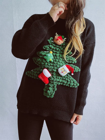 Festive Round Neck Long Sleeve Sweater for Christmas Celebrations