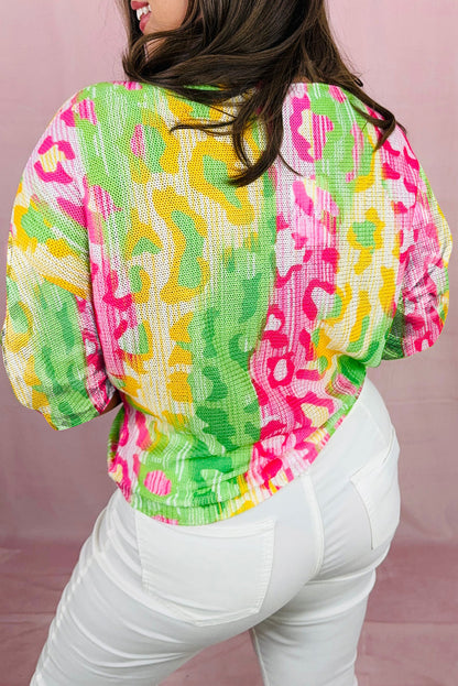 Wild style multicolor leopard block knitted crewneck plus size tee