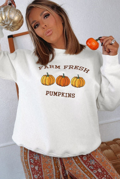 Premium White Farm Fresh Pumpkins Embroidered Holiday Sweatshirt