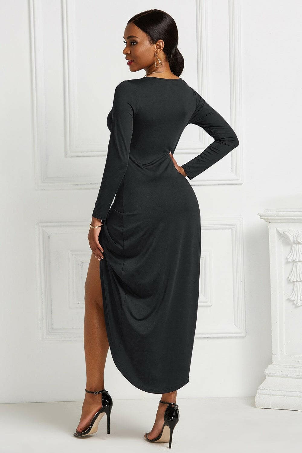 High-low Ruched Surplice Long Sleeve Dress.