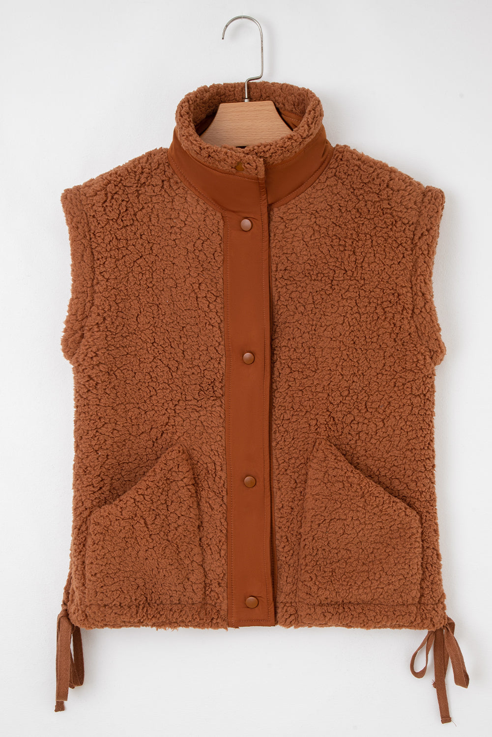 Premium Cinnamon Faux Fur Vest Snap Button Front Knot Side Pockets
