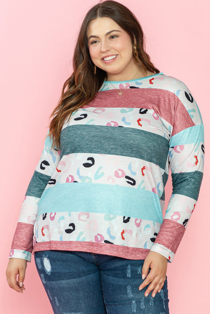 Chic sky blue striped plus size colorblock pullover top