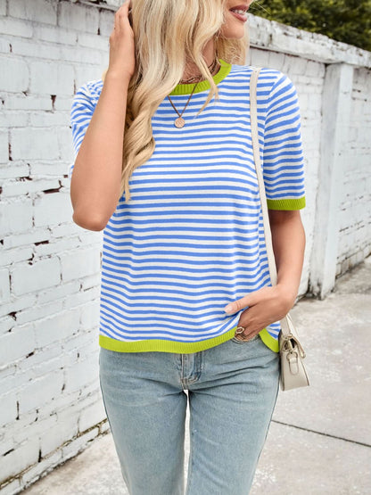 Lovelet Striped Contrast Round Neck Half Sleeve Knit Top