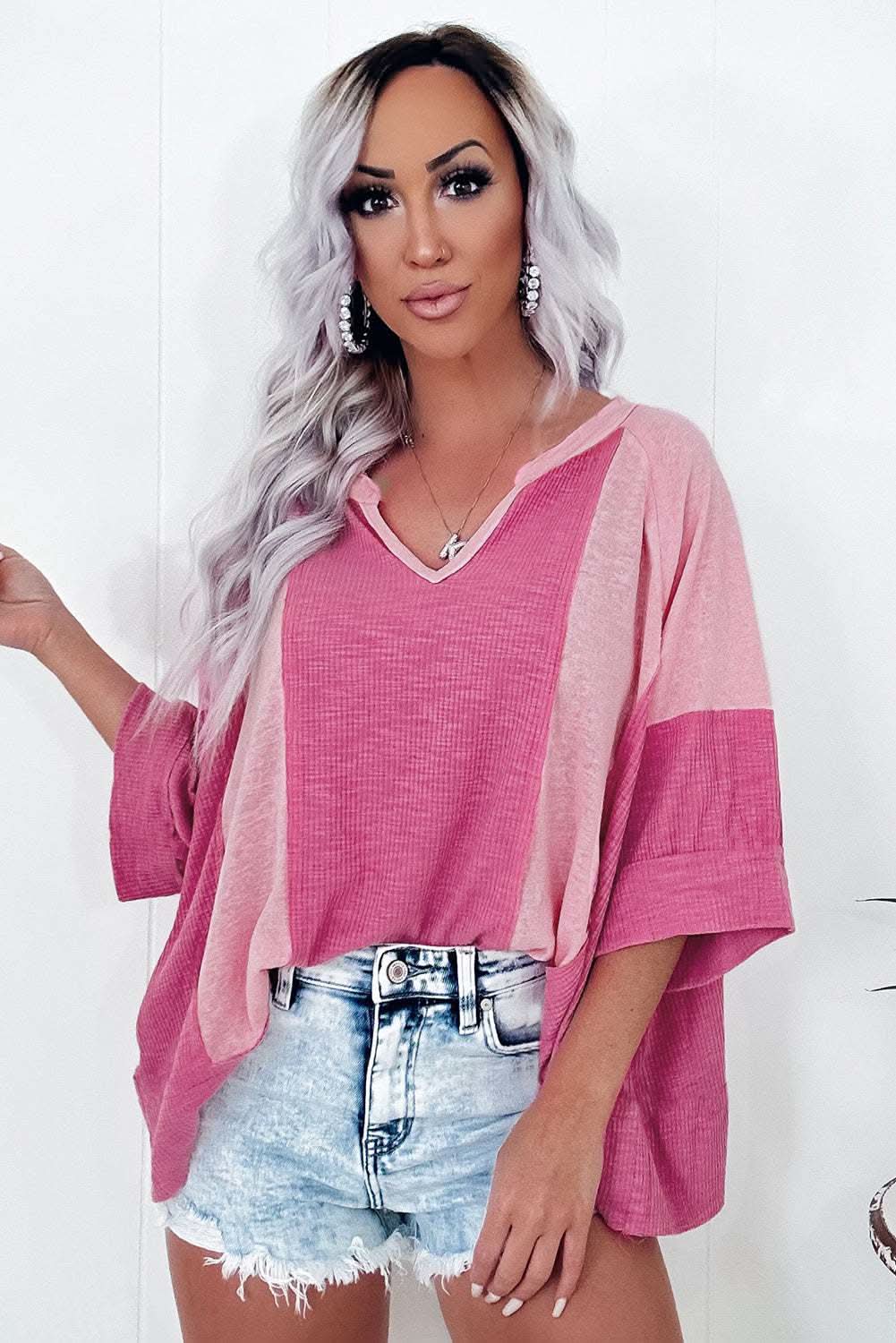 Bright Pink Textured Colorblock 3/4 Sleeve Oversize Top - Love Salve 