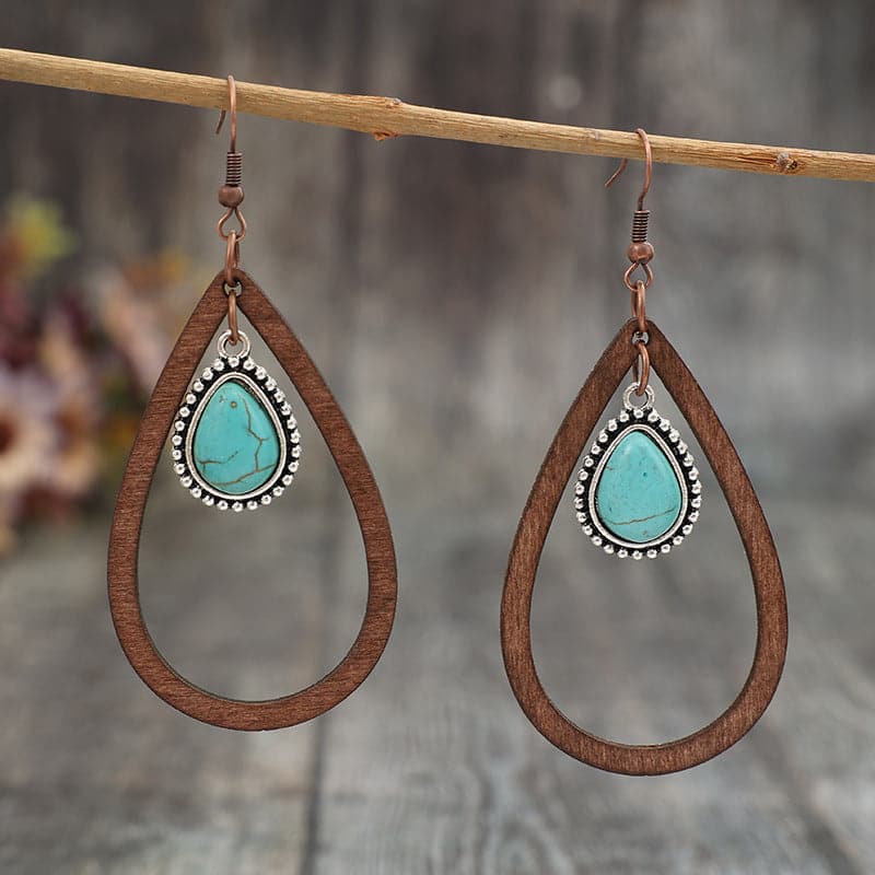 Wooden Turquoise Cutout Teardrop Earrings.