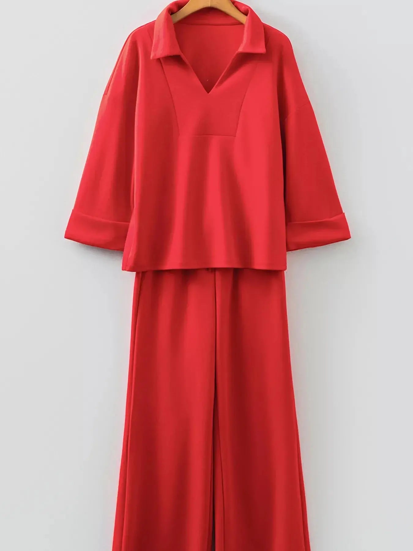 Polo Collar V Neck 3/4 Sleeve Pullover Drawstring Bell Bottom Pants 2pcs Set Simply Love