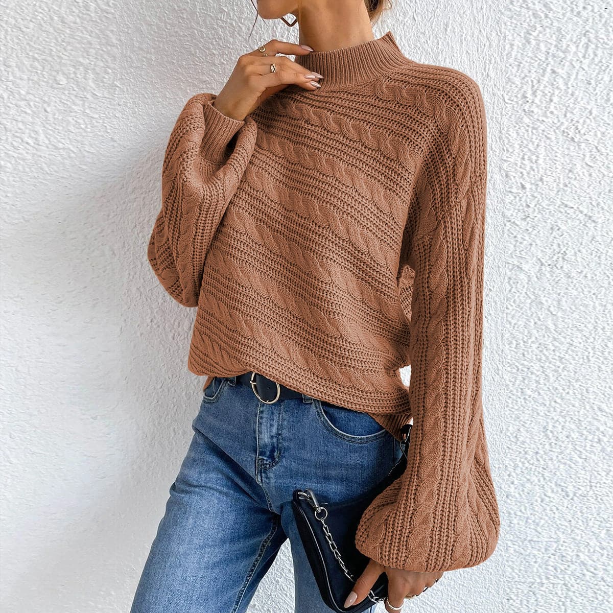 Cable-Knit Mock Neck  Long Sleeve Sweater.