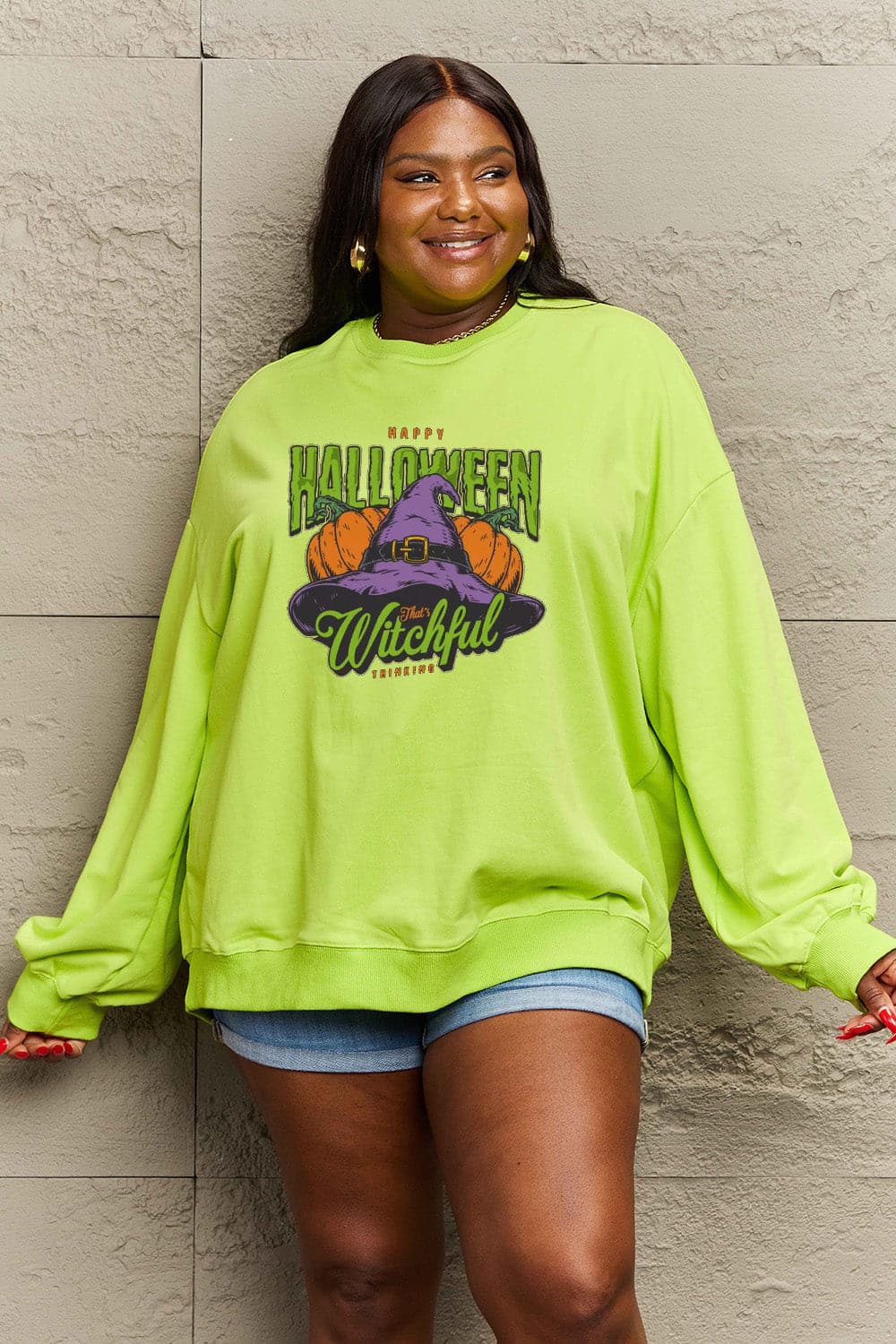 Simply Love Full Size Witch Hat Graphic Sweatshirt.