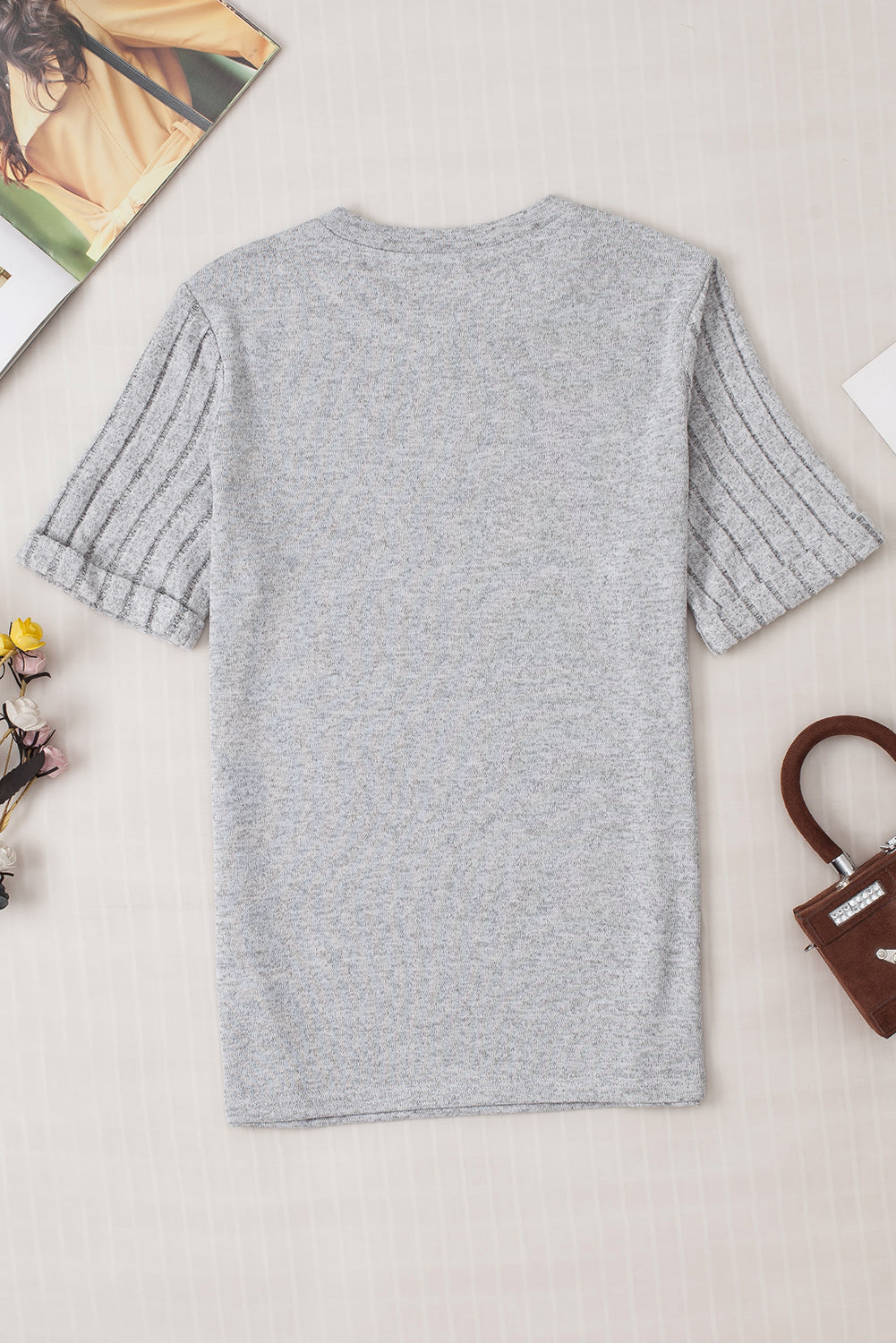 Alma Ribbed Splicing Sleeve Round Neck Top for Women - Love Salve 
