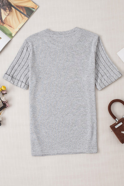 Alma Ribbed Splicing Sleeve Round Neck Top for Women - Love Salve 