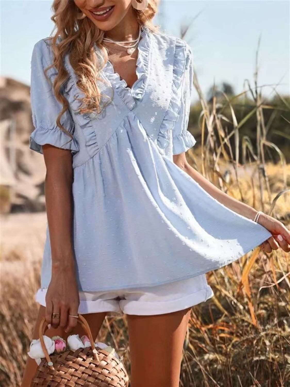 Frill V-Neck Short Sleeve Blouse.