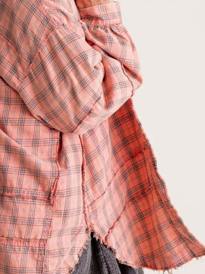 Exposed Seam Plaid Collared Neck Long Sleeve Shirt