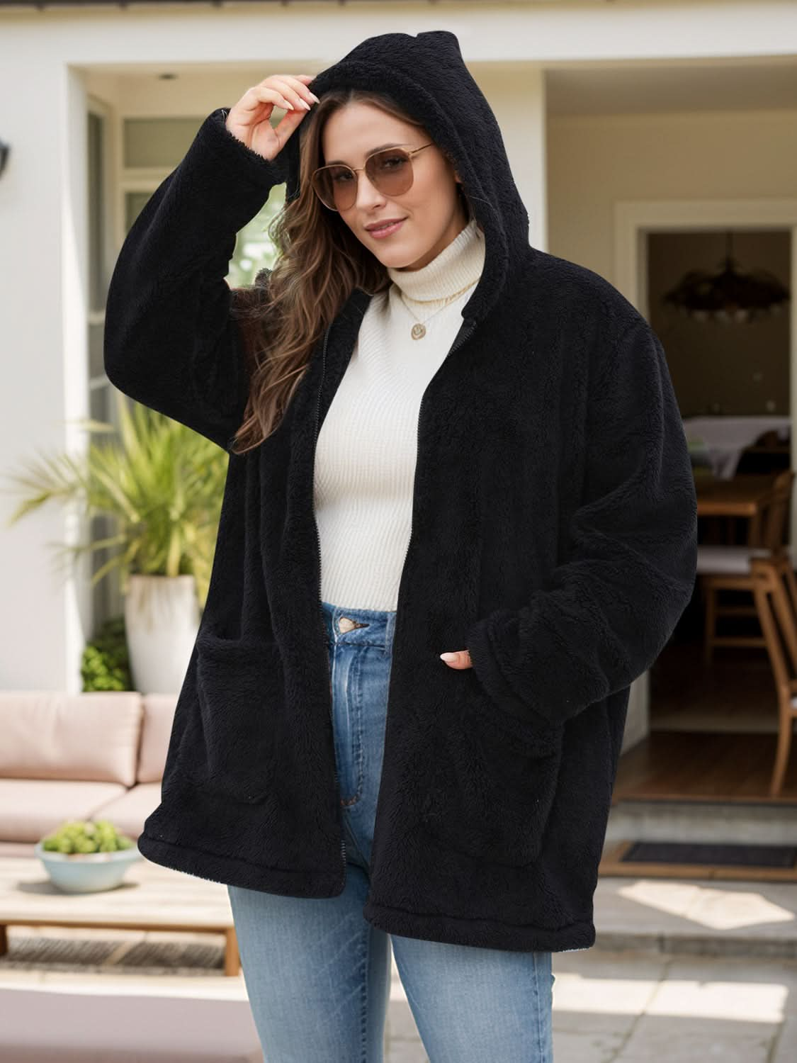 Plus Size Hooded Zip-Up Jacket with Pockets