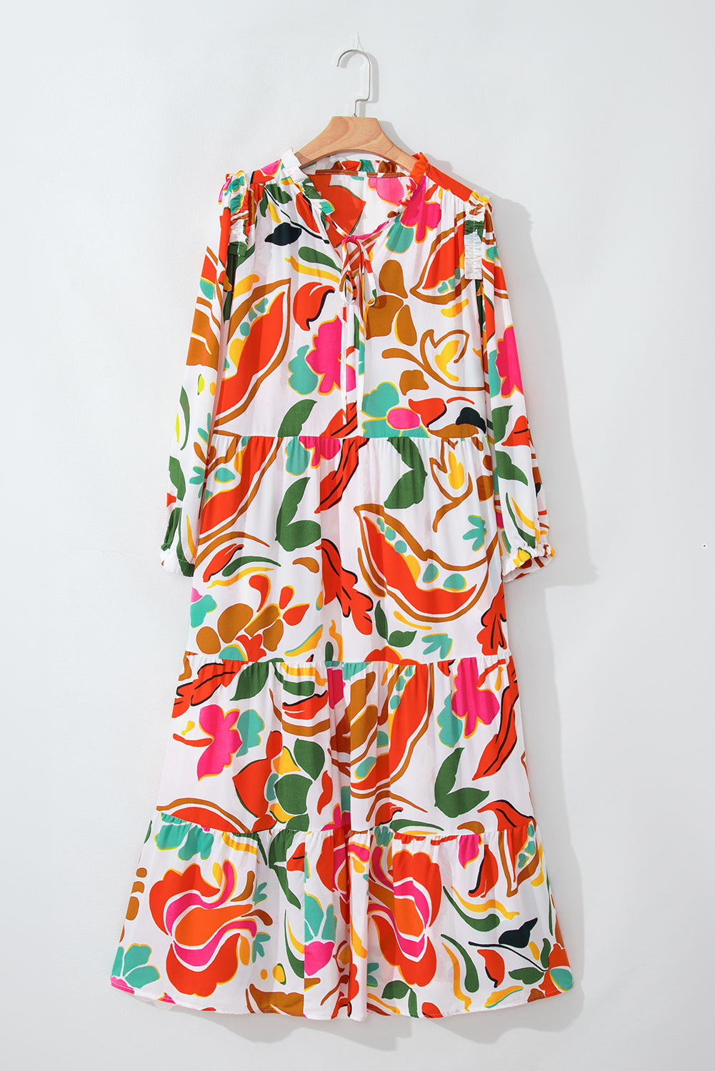 Floral elegance: Plus size orange tiered dress with drawstring and v-neck