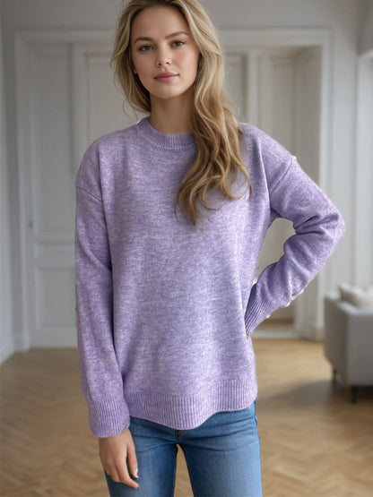 Round Neck Drop Shoulder Long Sleeve Sweater