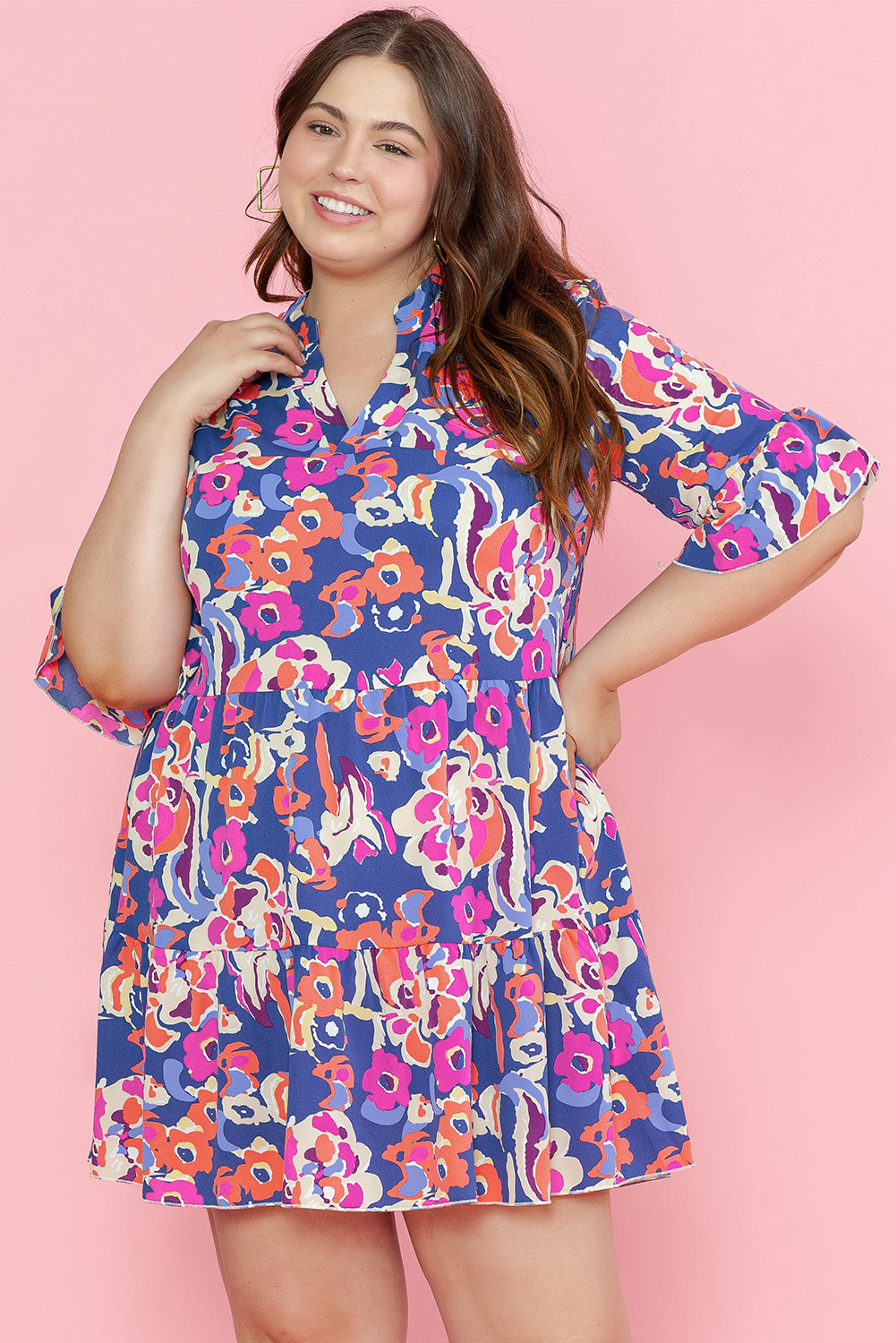 Chic blue floral ruffled mini dress with 3/4 sleeves for plus sizes