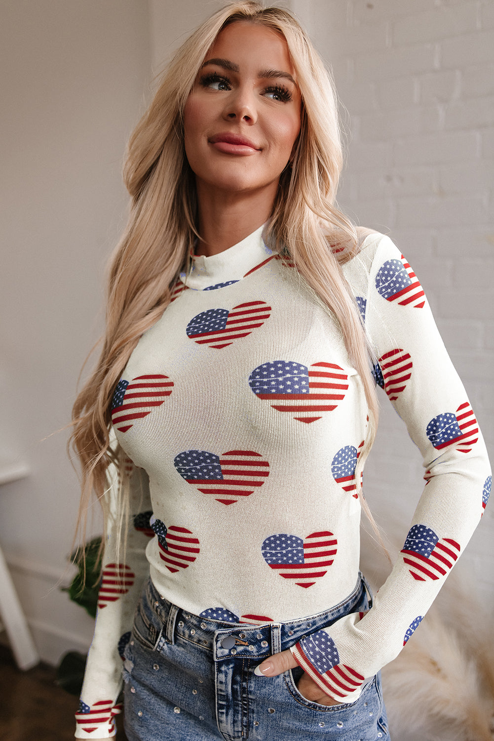 White Americana Glitter Mesh Long Sleeve Bodysuit for Women