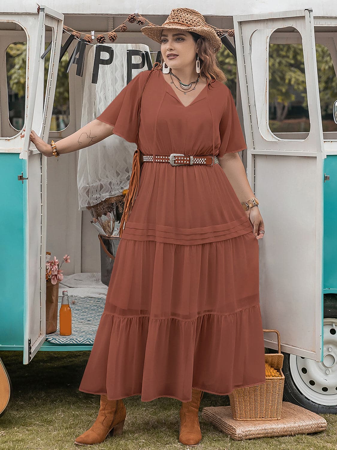 Plus Size Tie Neck Flutter Sleeve Midi Dress.