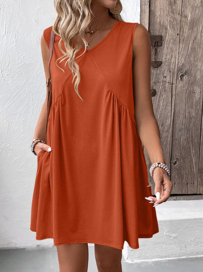 Ruched V-Neck Sleeveless Mini Dress.