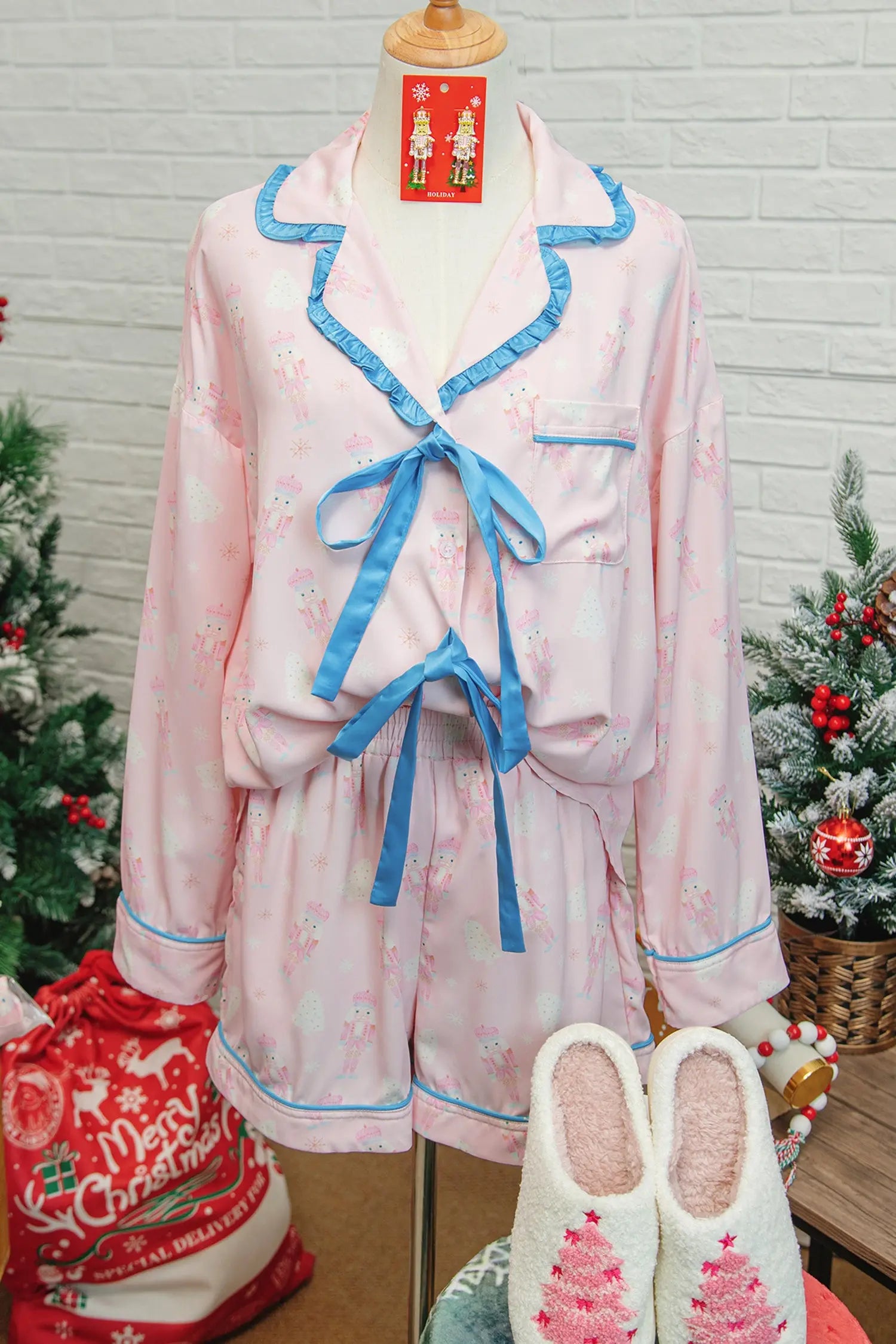 Pink Bow Tie Front Christmas Nutcracker Pajama Set With Long Sleeve Top Dear-Lover Dropshipping