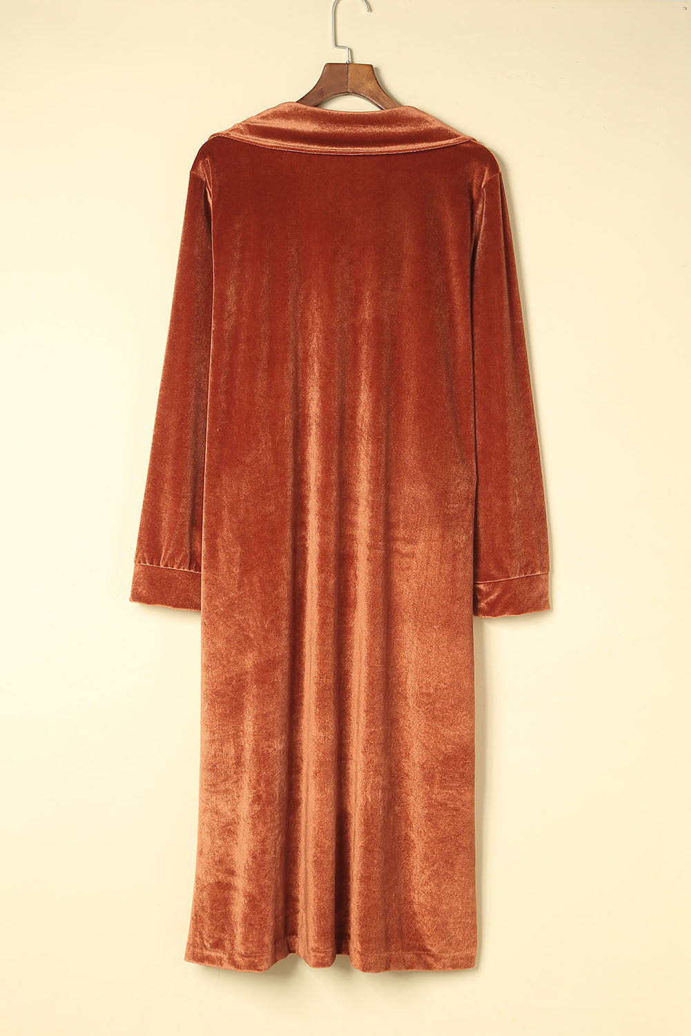 Chic brown velvet long sleeve coat with pockets