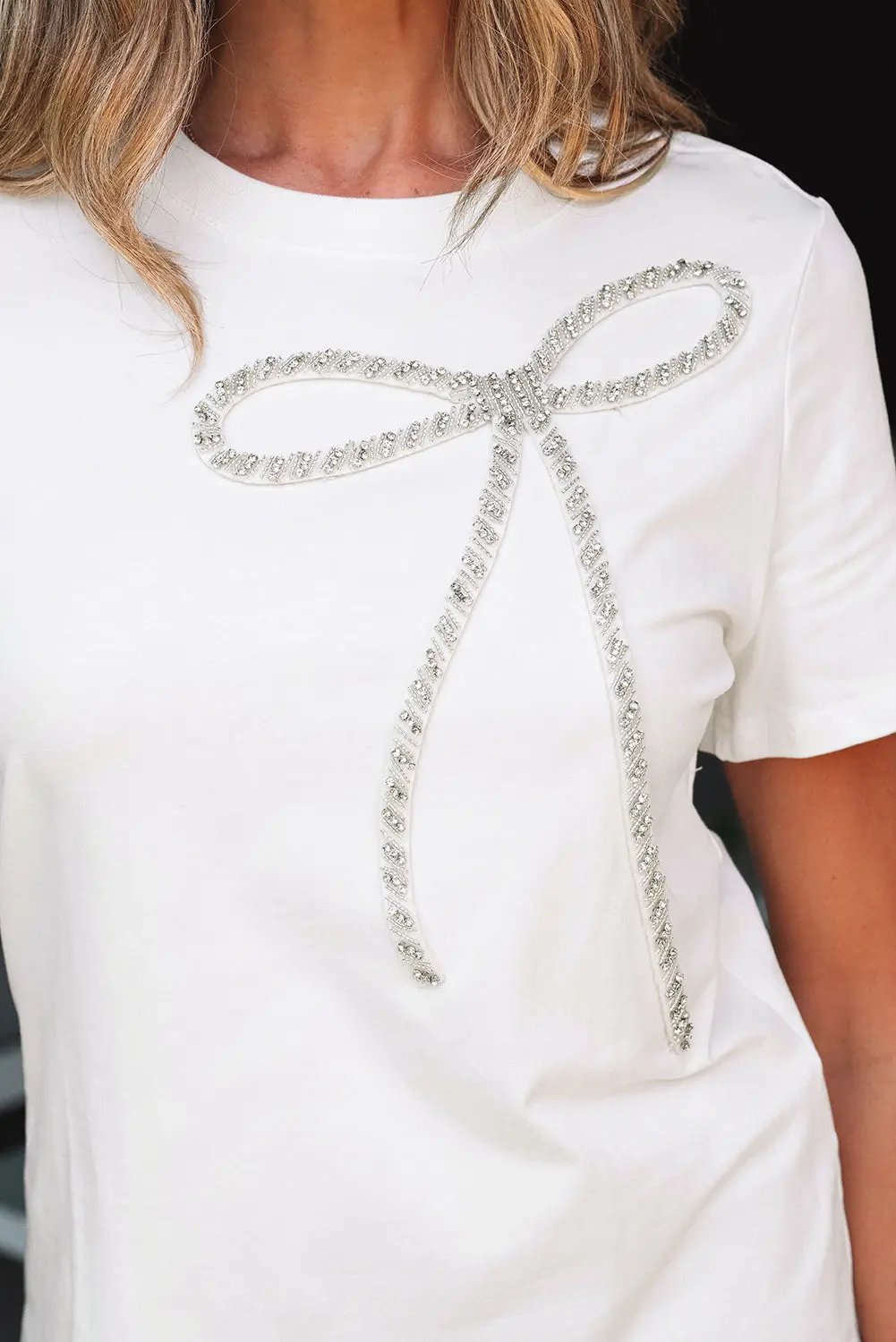 White Rhinestone Bow Embellished Round Neck Tee for Women Love Salve