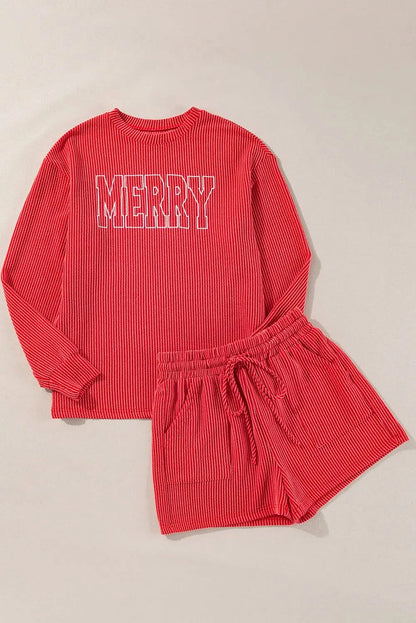 Cozy MERRY Long Sleeve Round Neck Top & Shorts Two-Piece Lounge Set