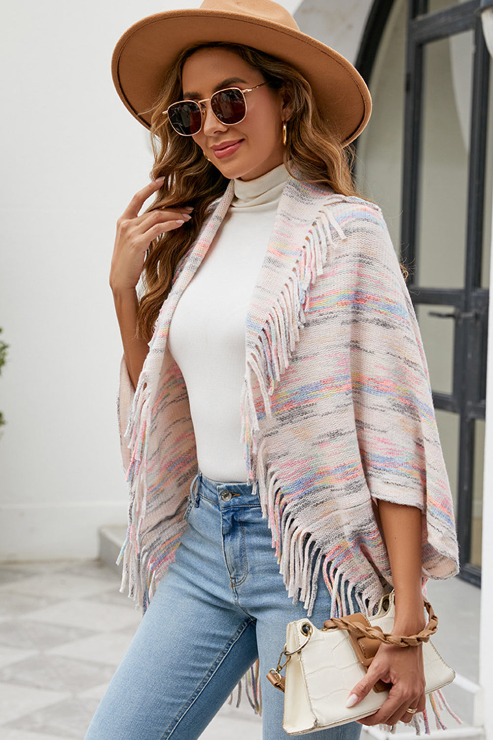 Fringe Detail Printed Poncho Coco’s Tee Boutique